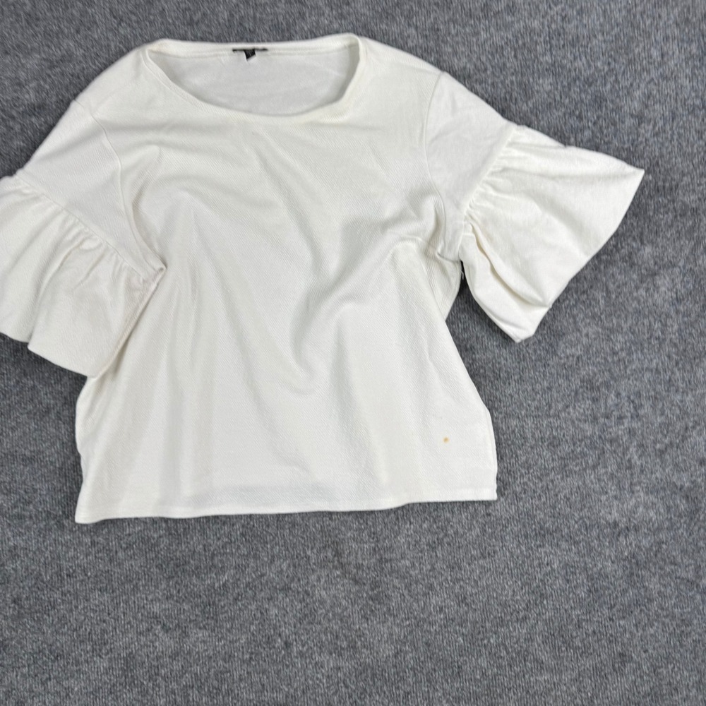 Express Blouse Womens Large White Ruffle Bell Sleeve Textured Cotton Blend Stain